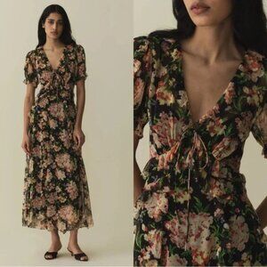 Doên Elisabeth Floral Silk Georgette Ruffle Midi Dress | Size 2